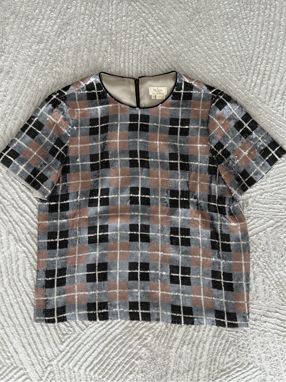 Kate Spade Plaid Sequin Short Sleeve Top